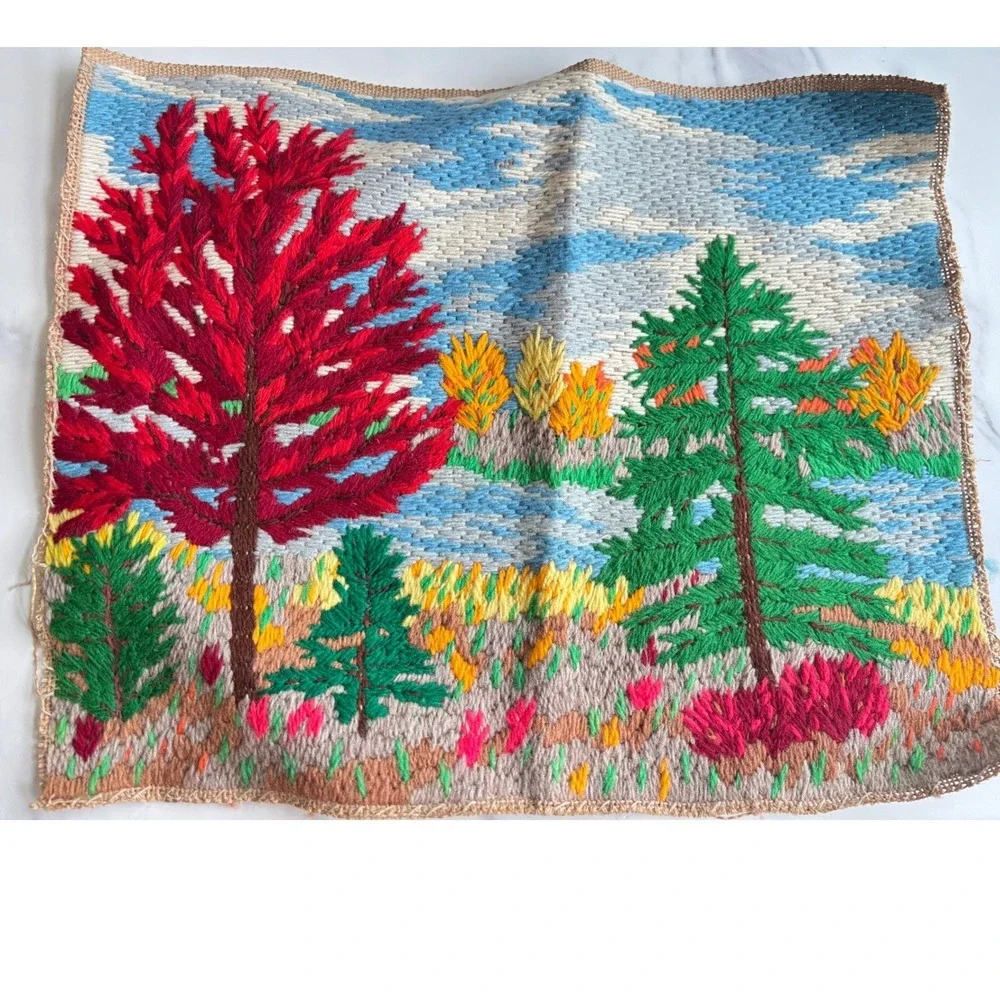 Vintage Hand Stitched Needlepoint Landscape Tree Scene Burlap Textile Art 14x12